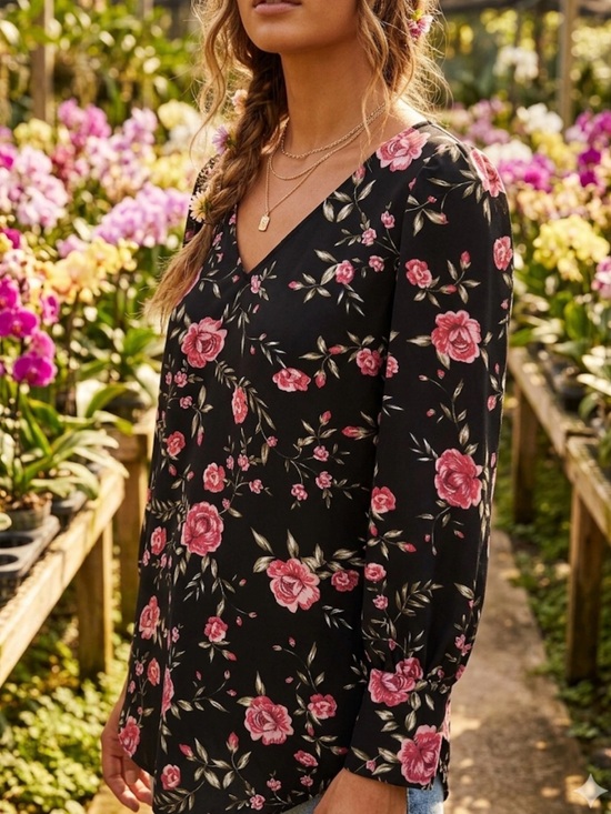 Dynamite Dresses & Skirts - Dynamite Black Long-Sleeve V-Neck Dress with Pink Rose Print